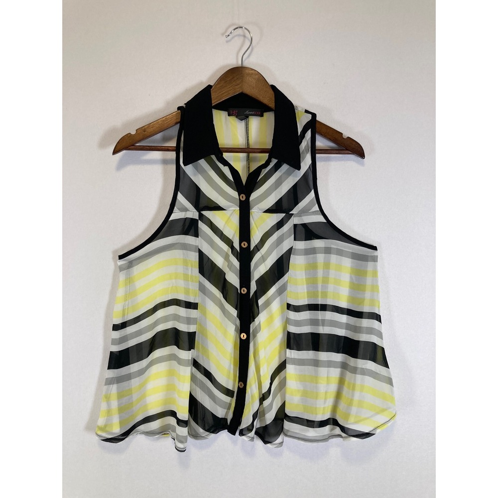 Contemporary HeartSoul Women Med Yellow Black Striped Sleeveless Button Blouse‎